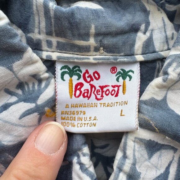 Go Barefoot Vintage Hawaiian Shirt Mens L Blue Floral Print Cotton Short Sleeve - Picture 2 of 12